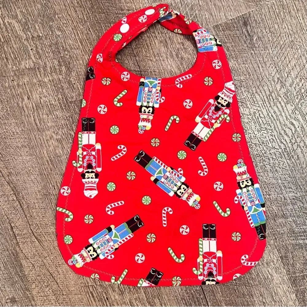 Handmade Christmas Nutcracker Baby Bib Snap Closure Absorbent Cotton Red